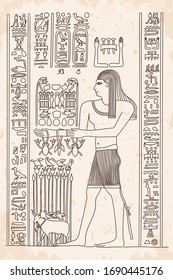 Ancient Egyptian drawing with hieroglyphs on papyrus. A man performs a rite.