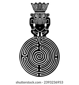 Ancient Egyptian dwarf god Bes standing on a round spiral maze or labyrinth symbol. Creative mythological design. Black and white silhouette.