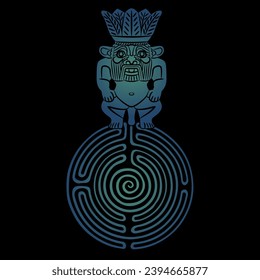 Ancient Egyptian dwarf god Bes standing on a round spiral maze or labyrinth symbol. Creative mythological design. Blue and black silhouette.