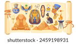 Ancient Egyptian elements on papyrus, vector illustration, with symbols, artifacts, and architecture. Vector illustration