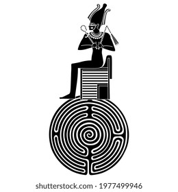 Ancient Egyptian enthroned god Osiris sitting on top of round spiral maze or labyrinth symbol. Black and white silhouette. Creative concept for culture and mysteries of the past.