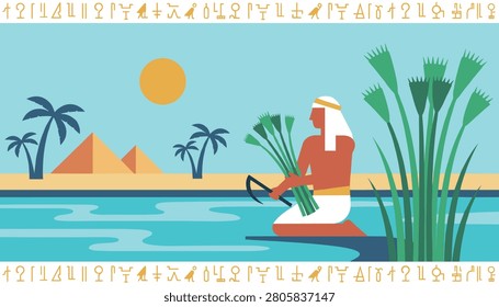 Ancient Egyptian farmer kneeling by the Nile river to harvest green papyrus reeds with a sickle under a bright sun.