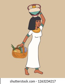 ancient egyptian female portrait with food basket and jug, vector cartoon illustration of women in history