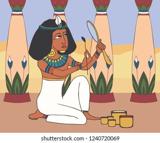 ancient egyptian girl brings beauty at a palace, colorful vector cartoon illustration of fashion history