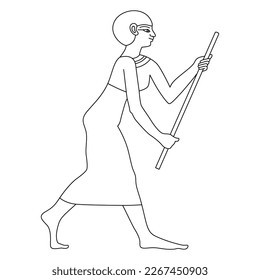 Ancient Egyptian girl running with a stick. Black and white linear silhouette.