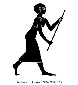 Ancient Egyptian girl running with a stick. Black and white silhouette.