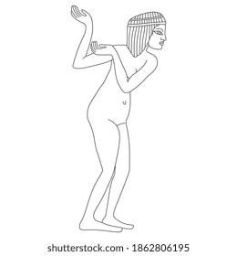 Ancient Egyptian girl standing or dancing. Pointing gesture. Black and white linear silhouette.