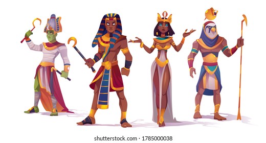 Ancient Egyptian god Amun, Osiris, Pharaoh and Cleopatra. Vector cartoon characters of Egypt mythology, king and queen, god with falcon head, Horus and Amon Ra