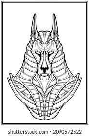 Ancient Egyptian God - Anubis Close-up, Guardian Of The Scales On The Trial Osiris In The Kingdom Of The Dead Without A Background, An Isolated Bust Of A Dark Jackal In A Crown And Armor. Line Art.