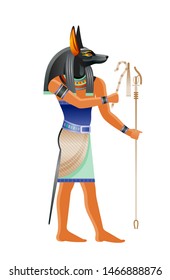 Ancient Egyptian God Anubis. Deity With Canine Head. God Of Death, Mummification Embalming, Afterlife. 3d Cartoon Vector Illustration. Old Mural Paint Art Icon From Egypt. Isolated On White Background