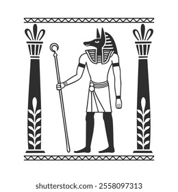 Ancient Egyptian god Anubis holds a staff. Deity with a dog head. God of death. Monochrome illustration