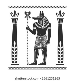 Ancient Egyptian god Anubis holds a staff. Deity with a dog head. God of death. Monochrome illustration