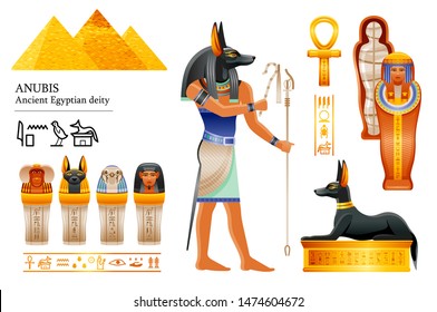 Ancient Egyptian god Anubis icon set. Canine head deity of death, mummification, afterlife. Mummy, canopic jar, dog tomb. 3d cartoon vector illustration. Old art from Egypt. Isolated white background