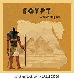 The ancient Egyptian god Anubis painted against the background of the map of Egypt with pyramids. A vector illustration of ancient Egypt from flat elements isolated in the background.