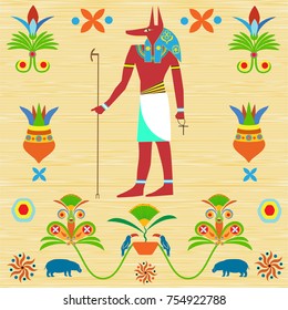 Ancient Egyptian god Anubis painted on ancient papyrus or old cloth. Ancient native patterns, ornaments, a hippopotamus, toucans, flowers are depicted.