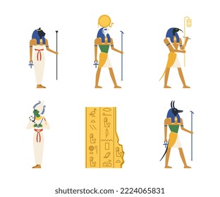 Antiguo Dios Egipcio y Deidad con Anubis, Bastet, Ra, Thoth, Osiris y Vector de Grabación de Piedra