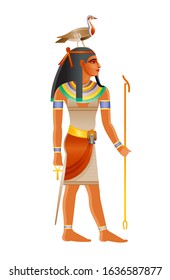 Ancient Egyptian god Geb. Deity of the Earth with goose on head. 3d cartoon vector illustration. Old mural paint art icon from Egypt. Geb Earth god isolated on white background
