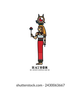 Ancient egyptian god hathor minimalist. middle east beauty queen with crown and sun