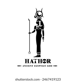 Ancient egyptian god hathor silhouette. middle east beauty queen with crown and sun