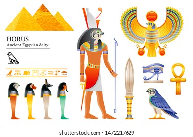 Ancient Egyptian god Horus icon set. Falcon deity, pyramid, dagger, bird, ankh, four sons of Horus, canopic jars, hieroglyph. 3d cartoon vector illustration. Old art & craft. Isolated white background