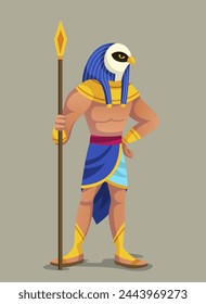 Ancient Egyptian god. Egyptian mythology character with falcon head and staff. Historical Poster with Amon Ra or Horus. Image of sun god or patron of kingdom of dead. Cartoon flat vector illustration