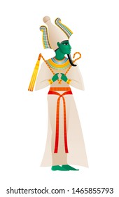 Ancient Egyptian god. Osiris Deity, lord of dead and rebirth with atef crown & green skin. 3d cartoon flat vector illustration. Old mural paint art icon.  Egyptian Osiris isolated on white background 