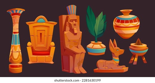 Ancient Egyptian god   pharaoh statues  throne  vase   column for palace  temple tomb  Pyramid interior objects  sculpture pharaoh   anubis  vector cartoon set
