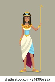 Ancient Egyptian god. Poster with character from Egyptian mythology. Cleopatra queen of ancient Egypt and goddess of love. Design element for historical banner. Cartoon flat vector illustration