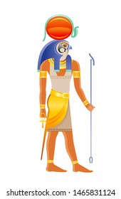 Ancient Egyptian god Ra. Deity of the sun with falcon head, sun disk & cobra decoration. 3d cartoon vector illustration. Old mural paint art icon from Egypt. Ra god isolated on white background