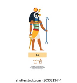 Ancient egyptian god Ra deity of the sun with head of falcon bird, flat vector illustration isolated on white background. Mythological religious egyptian sky-god.