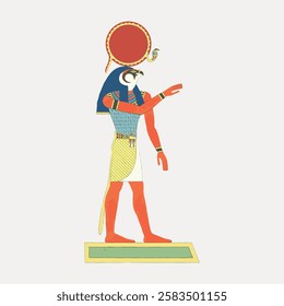 Ancient Egyptian god Ra depicted with a falcon head and sun disk. Ra, the sun god, is a key figure in Egyptian mythology, symbolizing power and creation. Vintage Egyptian illustration vector.