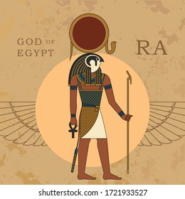 The ancient Egyptian god Ra. A vector illustration of ancient Egypt from flat elements isolated in the background.