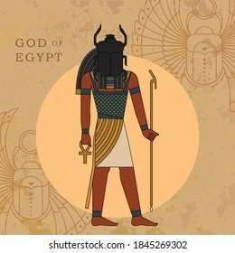 The ancient Egyptian god of the rising sun depicted against the background of a linear drawing of a scarab beetle and papyrus. EPS 10. Vector illustration.