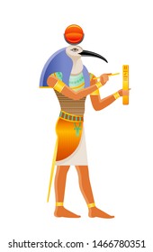 Ancient Egyptian god Thoth. Deity with ibis head. God of wisdom, writing, hieroglyphs, science, magic. 3d cartoon vector illustration. Old mural paint art icon from Egypt. Isolated on white background