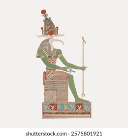 Ancient Egyptian god Thoth depicted as an ibis-headed figure. Thoth, god of wisdom, holds a staff. Thoth is seated, wearing traditional Egyptian attire. Vintage art drawing, isolated vector.