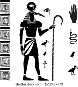 
The ancient Egyptian god Thoth with the head of an ibis and ancient Egyptian symbols