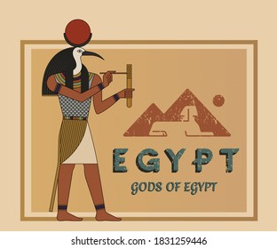 The ancient Egyptian god Thoth illustrated on against the background of Sphinx on pyramids. A vector illustration of ancient Egypt from flat elements isolated in the background. EPS 10.