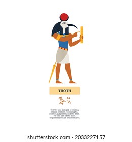 Ancient egyptian God Thoth man with head of ibis bird, flat vector illustration isolated on white background. Mythological religious ruler of Egypt.