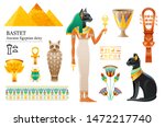 Ancient Egyptian goddess Bastet icon set. Cat deity, cup, flower, mummy, sistrum. God of cosmetics, love sex, joy, pregnancy. 3d cartoon vector illustration. Old art & craft. Isolated white background