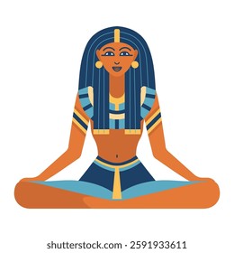 Ancient egyptian goddess colored flat design illustration. Egypt female god or princess in sitting pose.