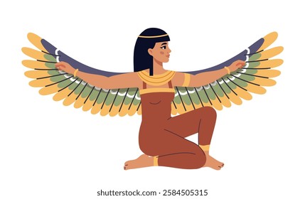 Ancient Egyptian goddess depicted with large colorful wings, wearing traditional attire and gold jewelry, sitting gracefully on a white background