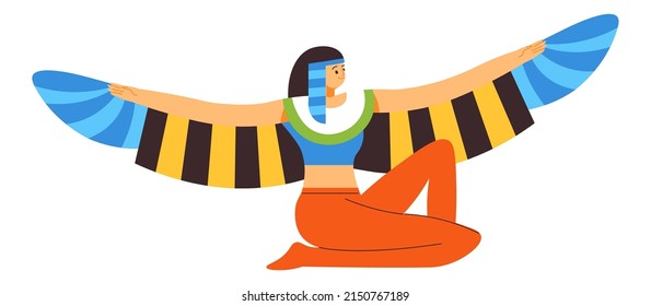 Ancient Egyptian goddess of fertility and motherhood, magic and rebirth. Female character with stretched out wings with colorful feathers and plumage. Religion and beliefs. Vector in flat style