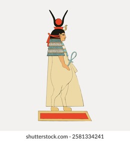 Ancient Egyptian goddess illustration, traditional, colorful headdress. Egyptian goddess, ancient art, traditional dress, vibrant colors, cultural depiction. Vintage Egyptian illustration vector.