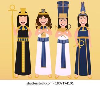 Ancient egyptian goddess or sacred queens collection in cartoon style, cultural persons in traditional clothes, pharaoh set