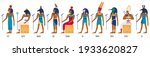 Ancient egyptian gods. Egyptian culture gods, Anubis, Osiris, Isis, Bastet and Amun Ra. Historical egyptian culture characters vector illustration set. Old painting style, religious elements