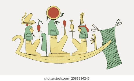 Ancient Egyptian gods on a boat, featuring deities with traditional headdresses. Egyptian mythology, gods, and ancient symbols depicted in a classic style. Vintage Egyptian illustration vector.