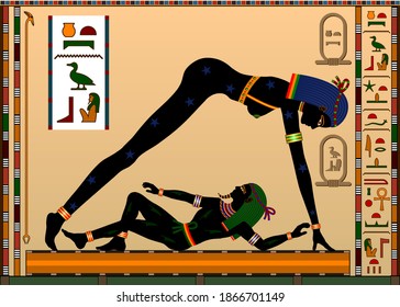 Ancient Egyptian gods. Sky Goddess Nut and God the Earth Geb. Vector illustration.