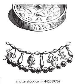 Ancient Egyptian gold and amber collar necklace,  found at the Louvre Museum. From Fine Arts Book, vintage engraving, 1880.
