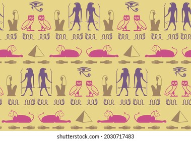 Ancient egyptian hieroglyphics alphabet elements seamless ornament. Sphinx, eye. snake, hand, Ramses, bird, Cleopatra manuscript icons. Egyptian hieroglyphics culture signs vector design.