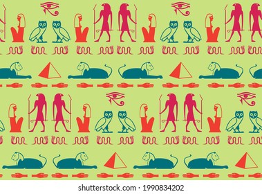 Ancient egyptian hieroglyphics script elements seamless pattern. Man, Ra eye, pyramid, hand, snake, woman, bird manuscript icons. Egyptian hieroglyphics civilization signs vector wallpaper.